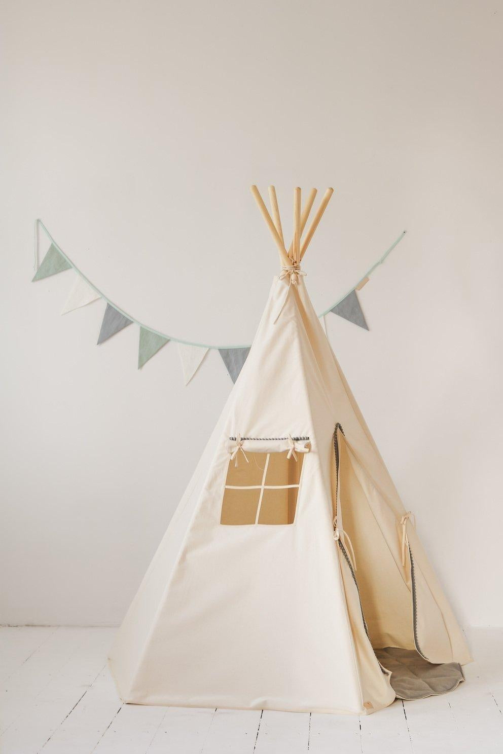 Teepee with Pompoms and Round Mat Set - Grey/Natural - image 4