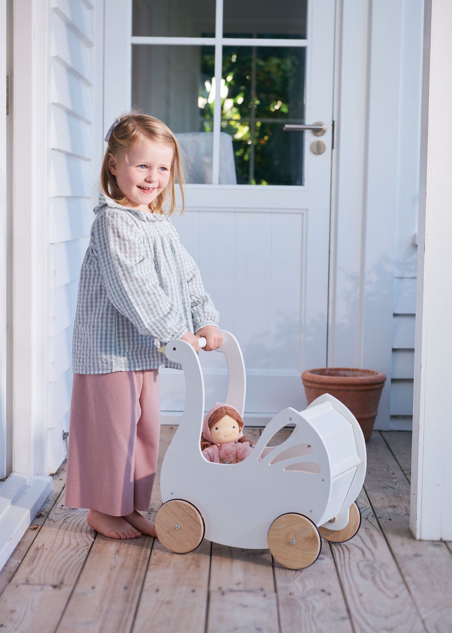 Wooden Swan Doll Stroller