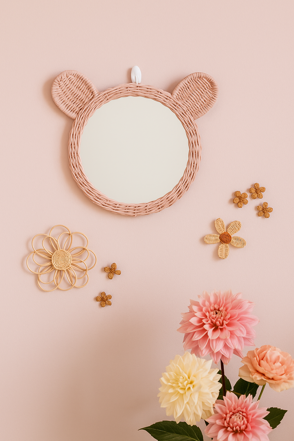 Rattan Teddy Bear Wall Mirror - Pink - image 5